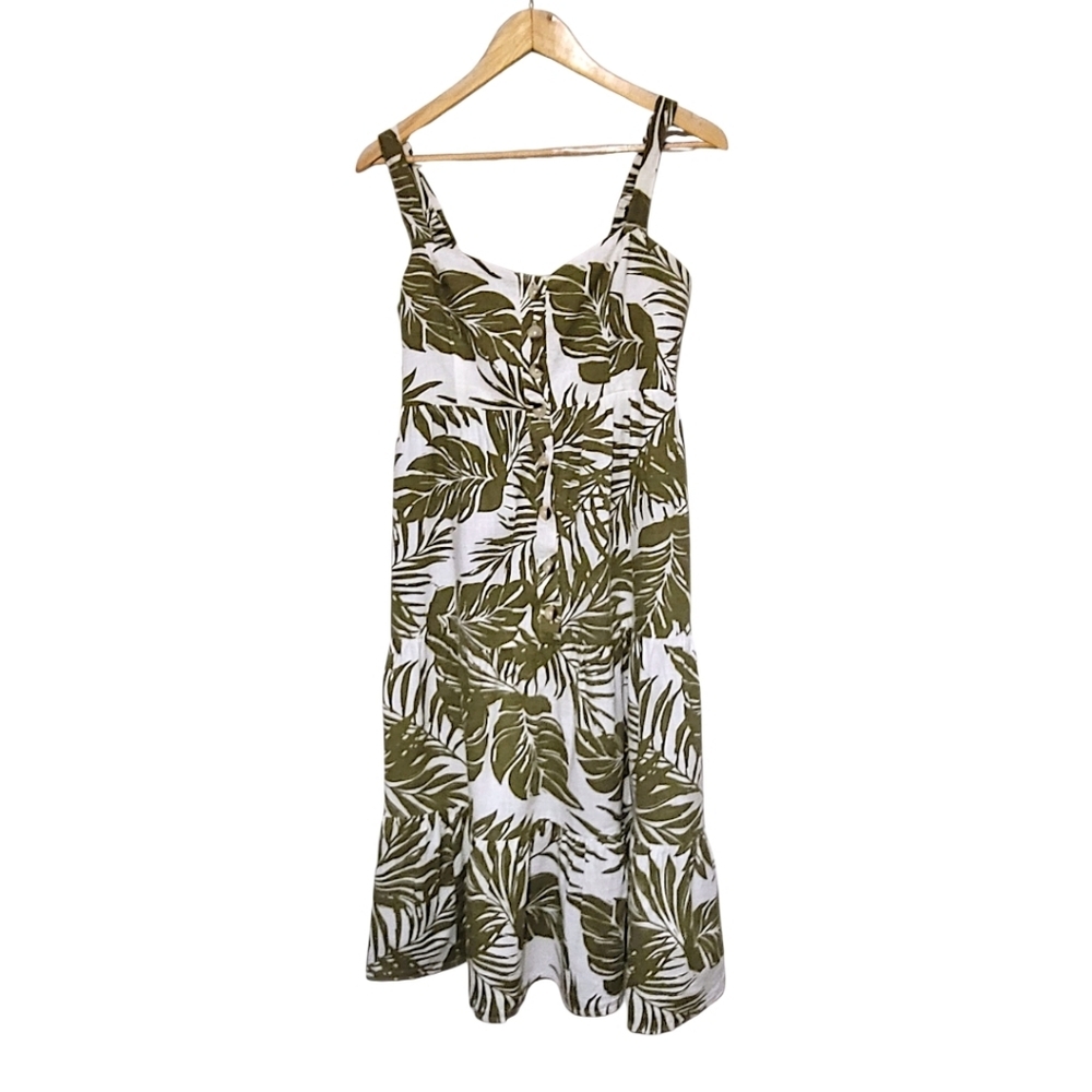 INDULGE STYLE, GREEN AND WHITE PALM LEAFE TROPICAL SLEEVELESS DRESS SIZE M NWOT
